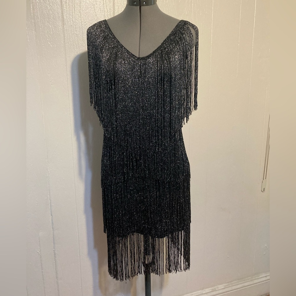 NWT DOSE black silver metallic fringe mini party dress. Size S.